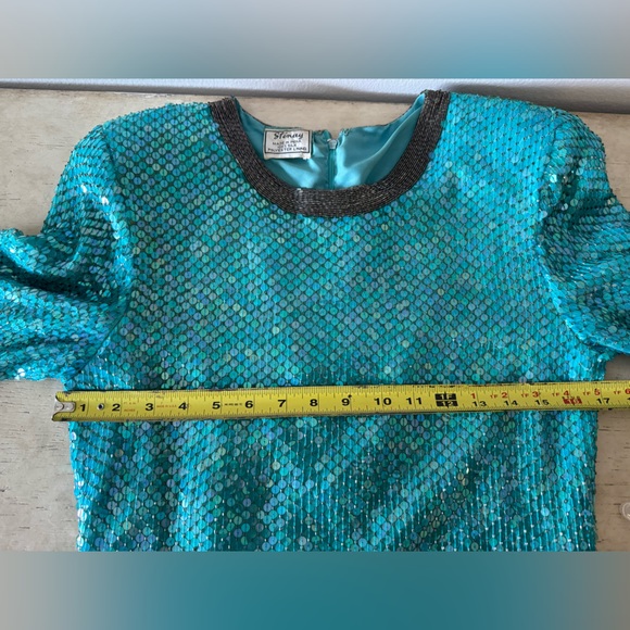 Vintage Stenay Turquoise Sequin Gown Mini Dress XS - Picture 12 of 15